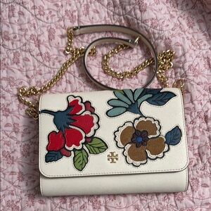 Tory Burch Floral Embroidered White Crossbody Bag